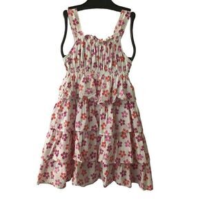 Land's End Floral Strawberries Summer Dress white ruffle tiered skirt Girl Sz 8